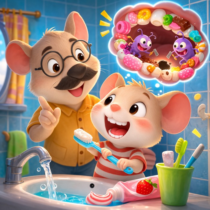 قصص عن العادات الحسنة: أسنان ويسكيرز المغطاة بالحلوى